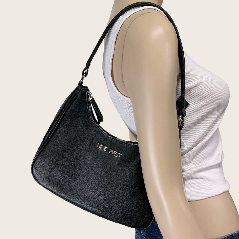 Nine West Black Purse Shoulder Strap Faux Leather Rhinestone Logo Y2K